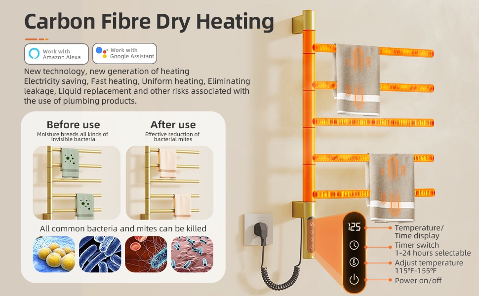 SIOYIE Smart Rotating Heated Towel Rack For Bathroom, Wall-Mounted Electric Towel Dryer With Swivel Bars, Smart Timer, Low Carbon Steel, IPX5, Plug-in/Hardwired, Towel Warmer With Wi-Fi App ControlW_voghion.com